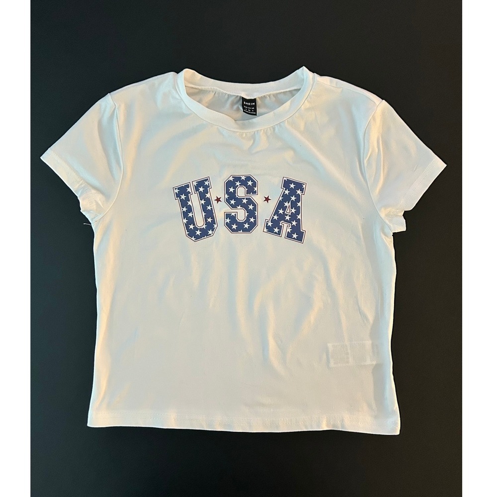 SHEIN white USA logo tshirt croptop size Small (1291)